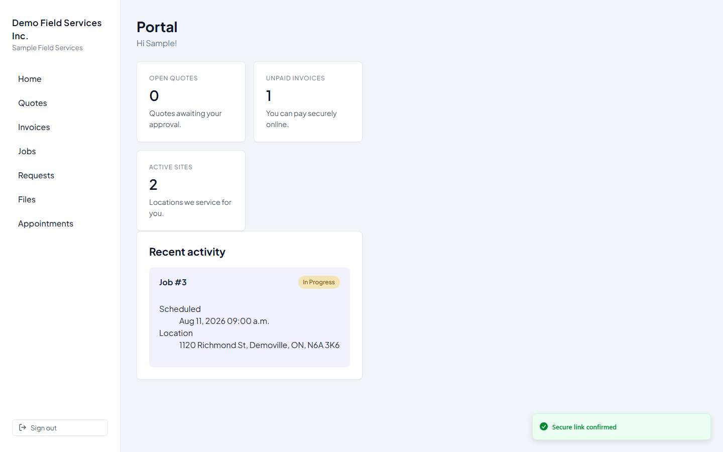 A customer's self-serve portal, showing their open invoice and upcoming job
