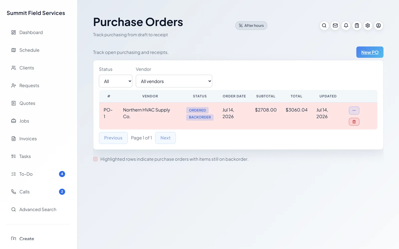 Purchase orders with real vendor pricing and backorder flags