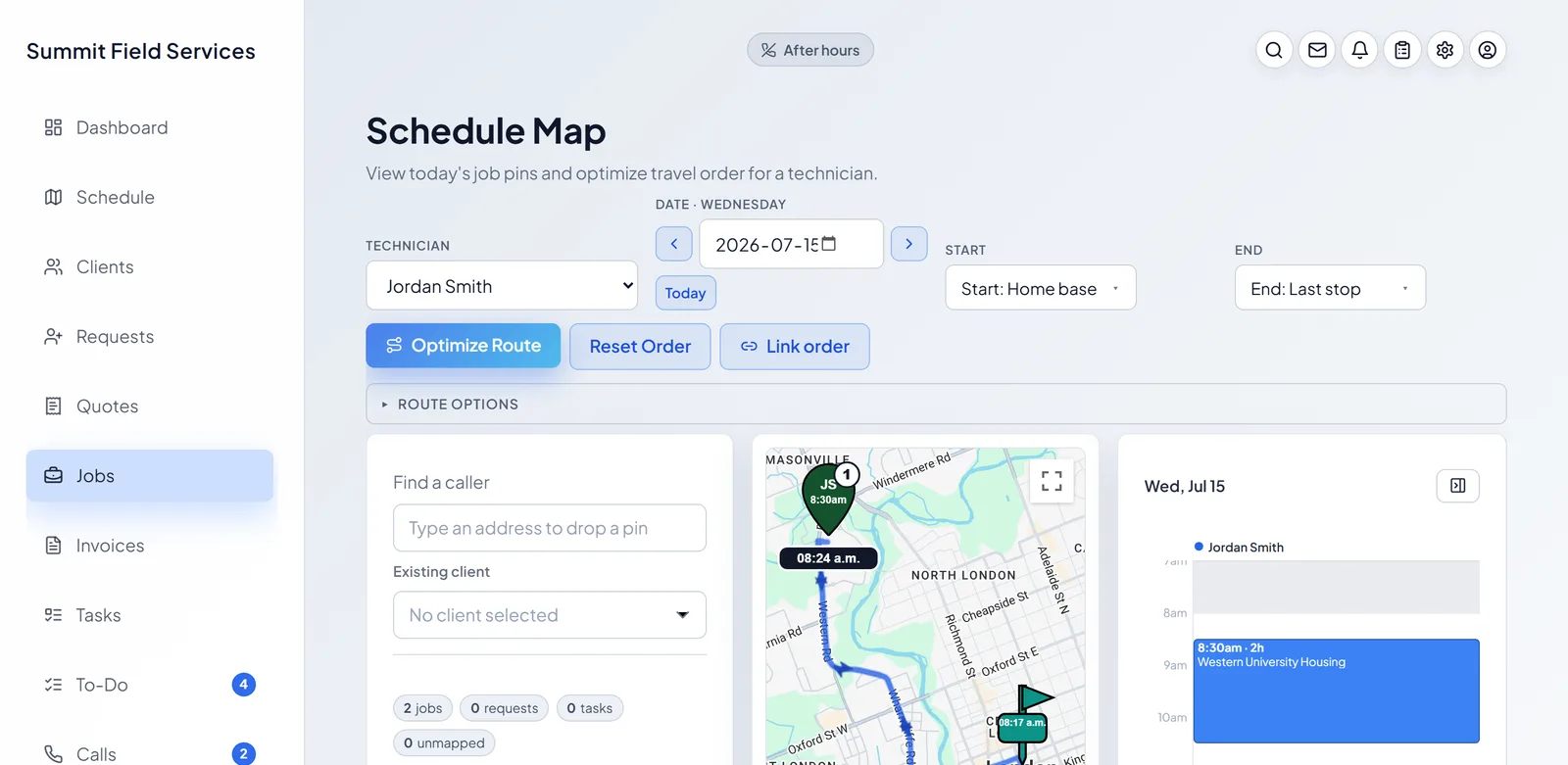 The dispatch map with one click optimized route drawn for a technician's day