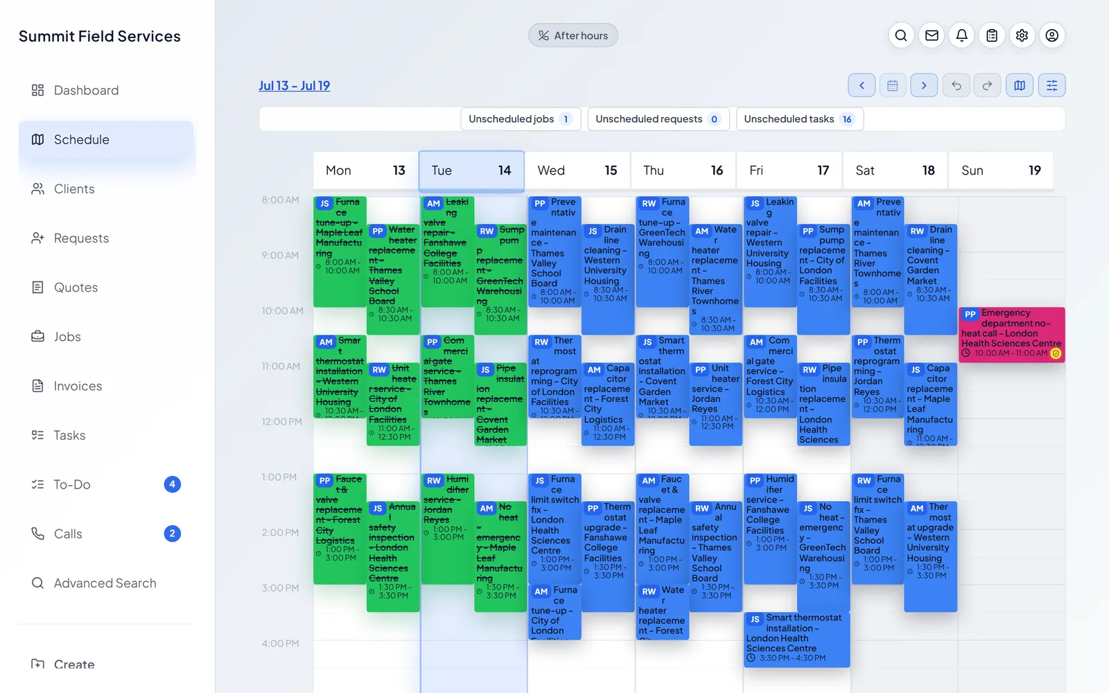 A full week on the dispatch board, with real jobs assigned across the team