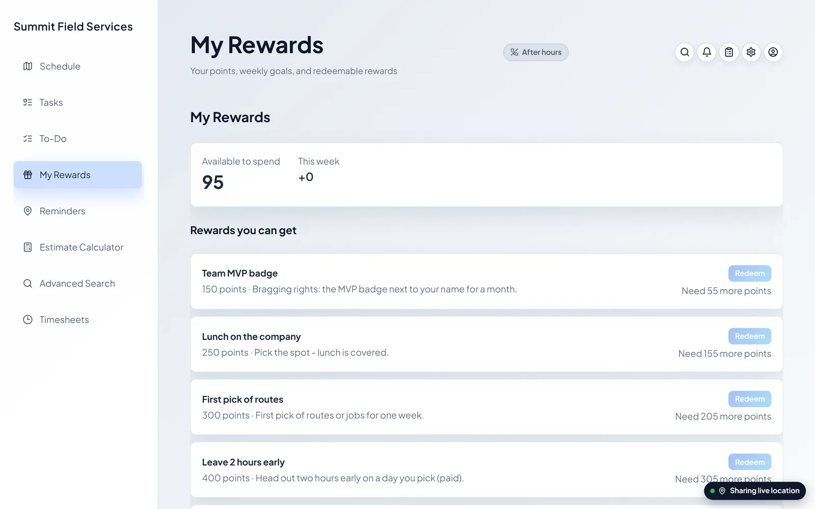 The team rewards screen, showing points, a redeemable catalog, and a leaderboard