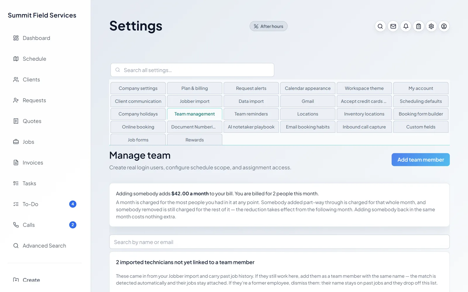 The team roster with roles and schedule scope