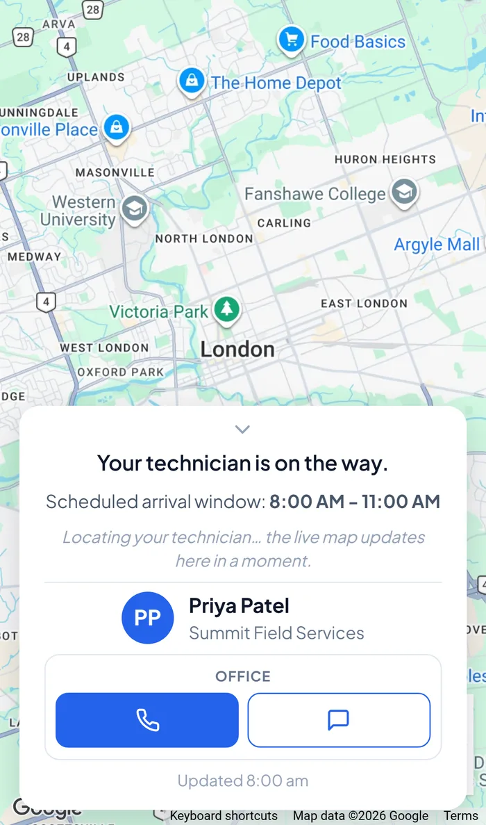 A customer's phone showing their technician on the way, with a live map and ETA