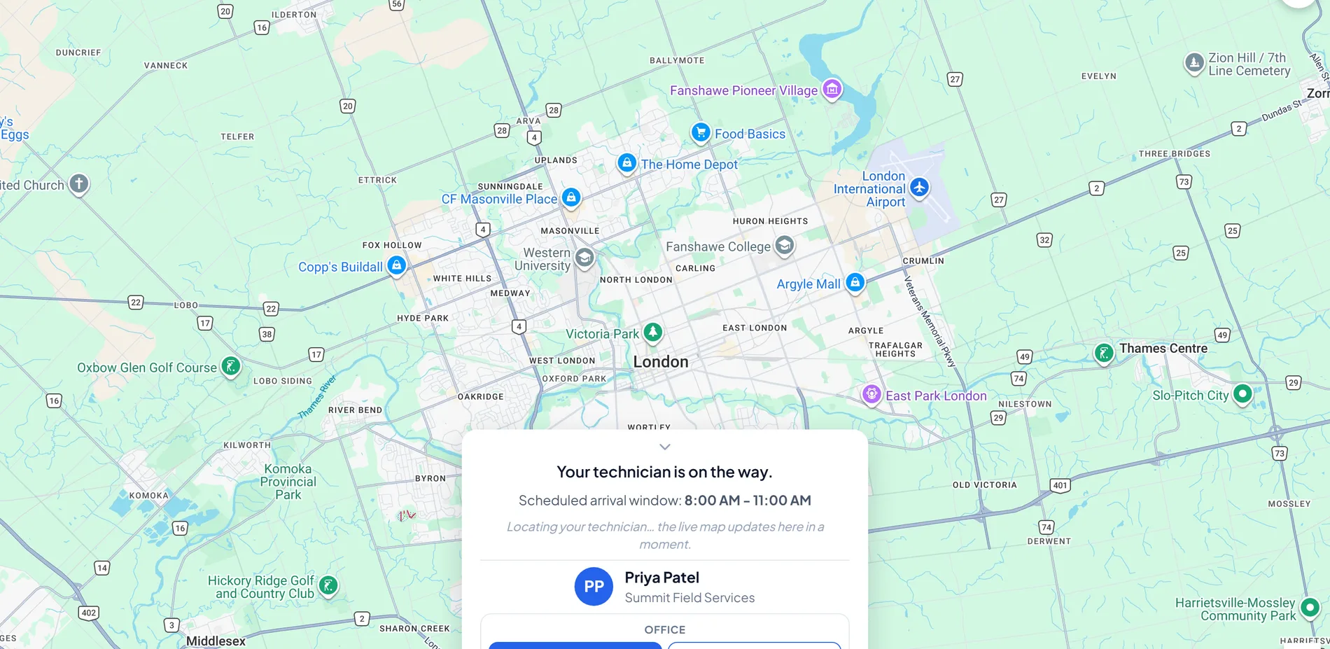 A customer's live tracking page showing their technician en route with an ETA